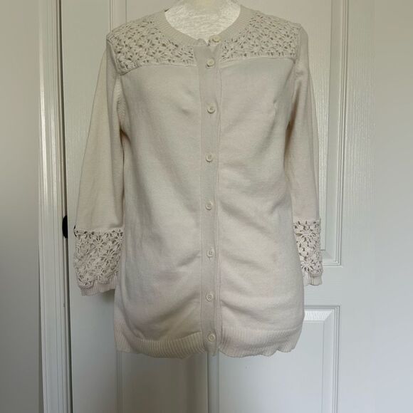 Isaac Mizrahi Women’s Cream Lace-Trim Cotton Cardigan Sweater Size Small - Picture 1 of 10